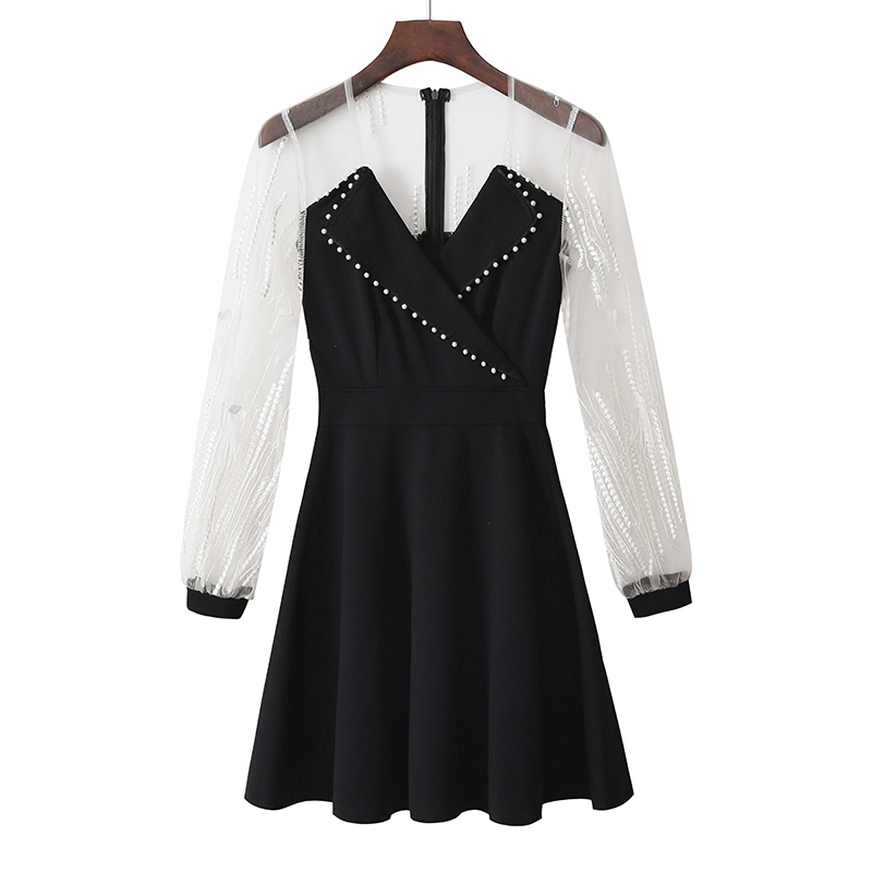 VK旗艦店 韓國風刺繡蕾絲羽毛釘珠西服領長袖洋裝