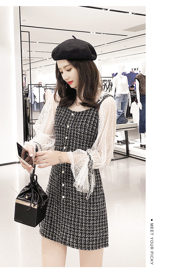 VK旗艦店 韓國風蕾絲燈籠袖小香風呢子套裝長袖裙裝