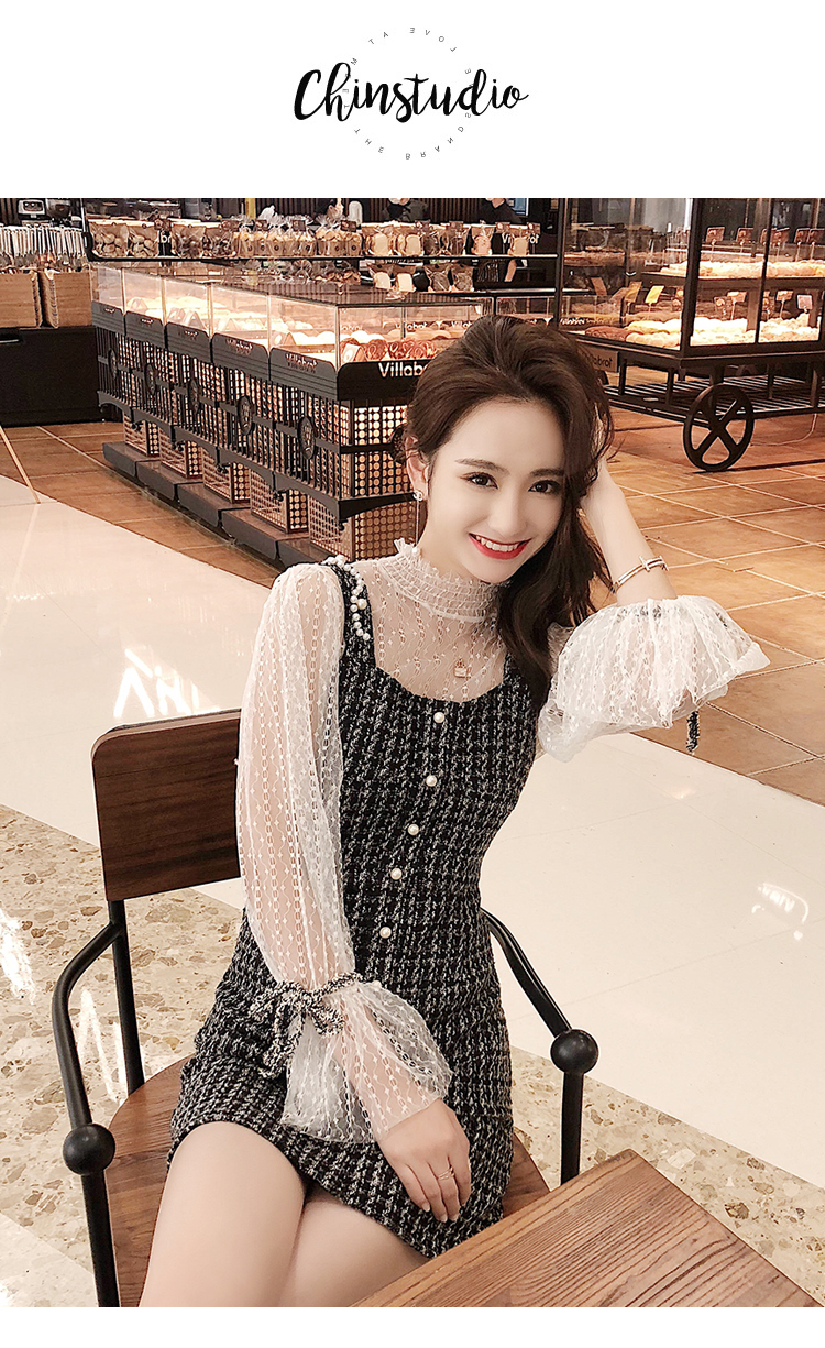 VK旗艦店 韓國風蕾絲燈籠袖小香風呢子套裝長袖裙裝