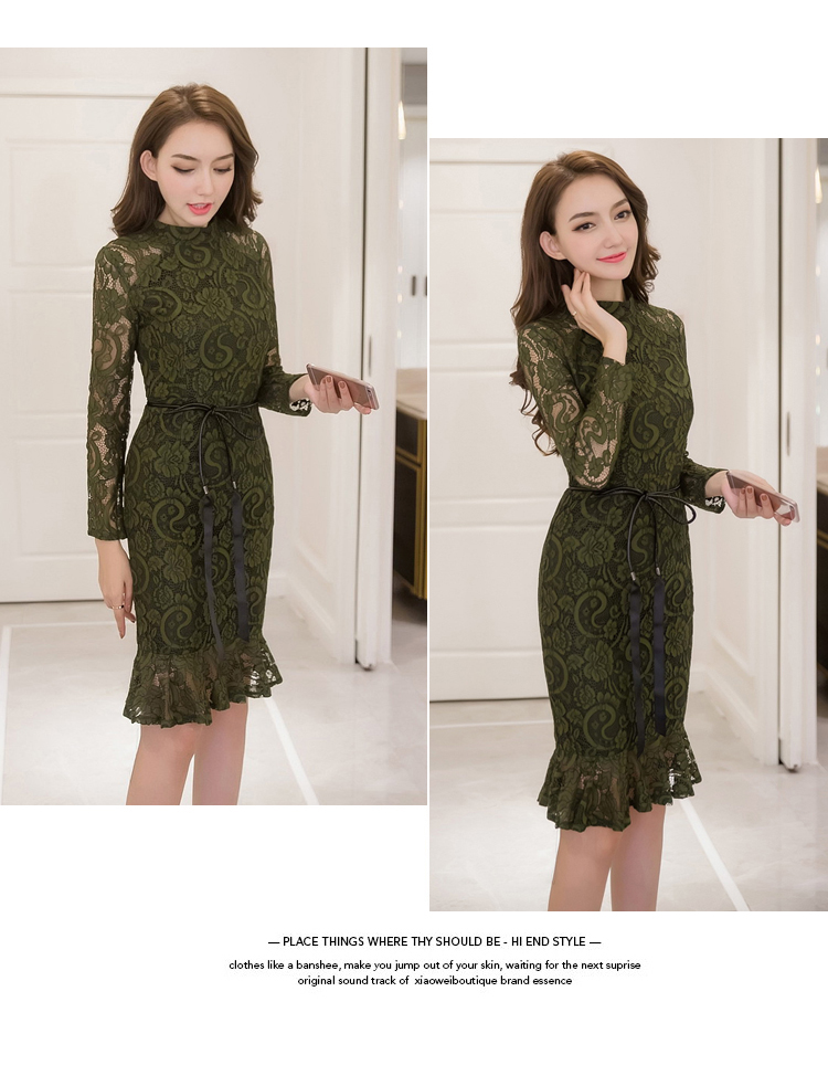 VK旗艦店 韓系顯瘦魚尾蕾絲修身優雅配腰帶長袖洋裝