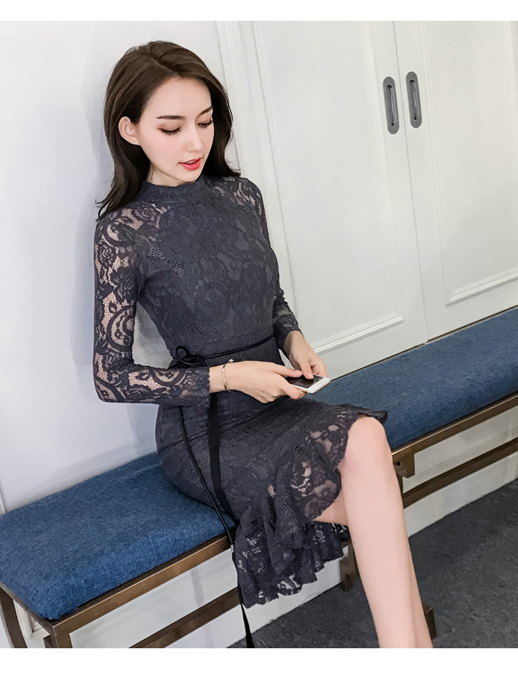 VK旗艦店 韓系顯瘦魚尾蕾絲修身優雅配腰帶長袖洋裝
