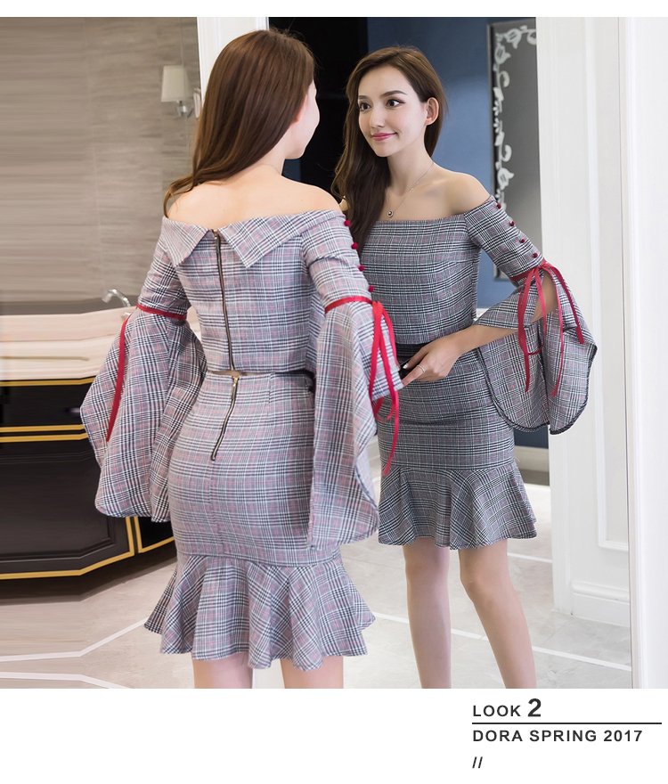 VK旗艦店 韓系一字領喇叭袖格紋魚尾裙套裝長袖裙裝