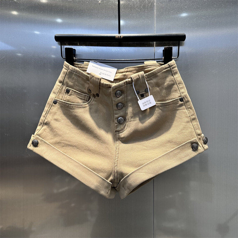 Khaki High-Waisted Denim Rolled-Up Shorts for Women, New Summer Style, Button-Up A-Line, Slimming, Versatile, Hip-Hugging Hot Pants