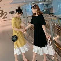 Gestational Maternity 2022 Summer clothing New Korean version Tidal Moms Conditioning Loose Splicing Short Sleeve Pregnant Woman Dress Woman Dress Woman Dress