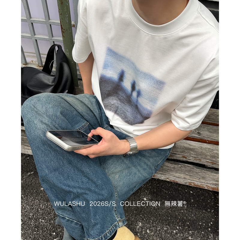 Non-Spicy Potato/Double-Image Blurred Print Short-Sleeve Versatile Summer New Casual Loose Round-Neck Top T-Shirt for Men