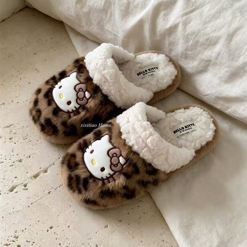Fashionable and Cute Cat-Themed Furry Shoes for Women, Suitable for Outdoor Wear, 2026 Autumn and Winter New Style, Cartoon Leopard Print, Thick-Soled, Closed-Toe Slippers
