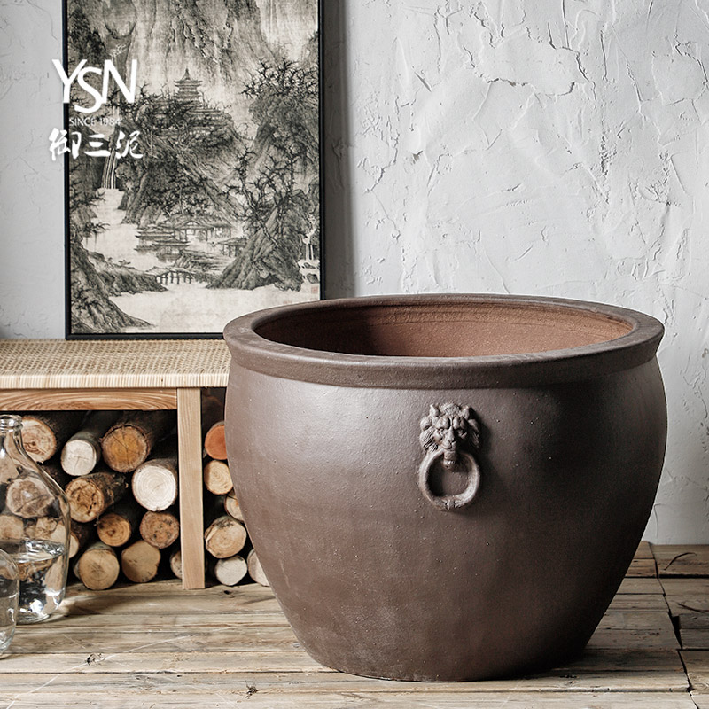Royal three high temperature coarse clay pottery ancient mud tank hotel courtyard outside the yard water lily ceramic cylinder aquarium tank