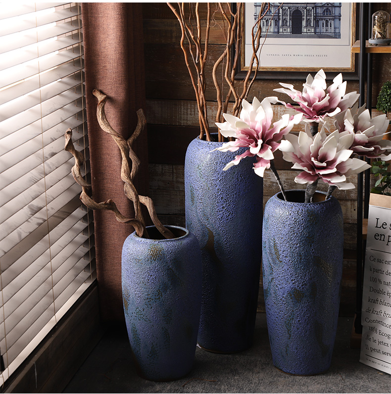 Retro coarse pottery vase landing blue ceramic dried flower arranging flowers furnishing articles POTS to I and contracted sitting room window decoration