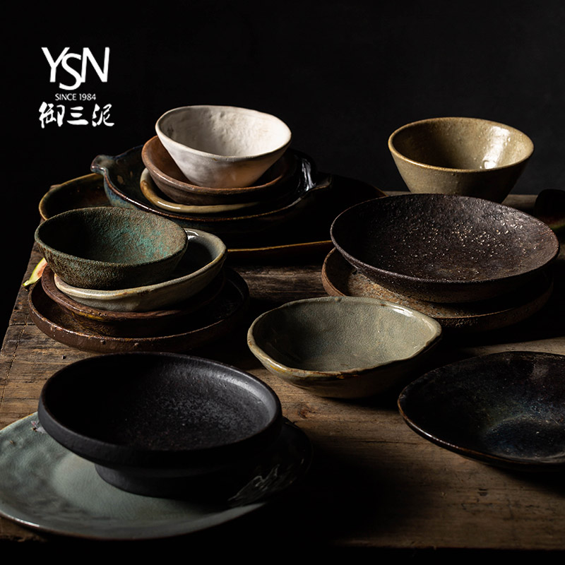 Orphan works, creative home ancient ceramic tableware by hand Japanese dishes retro coarse pottery and porcelain dish dish plate