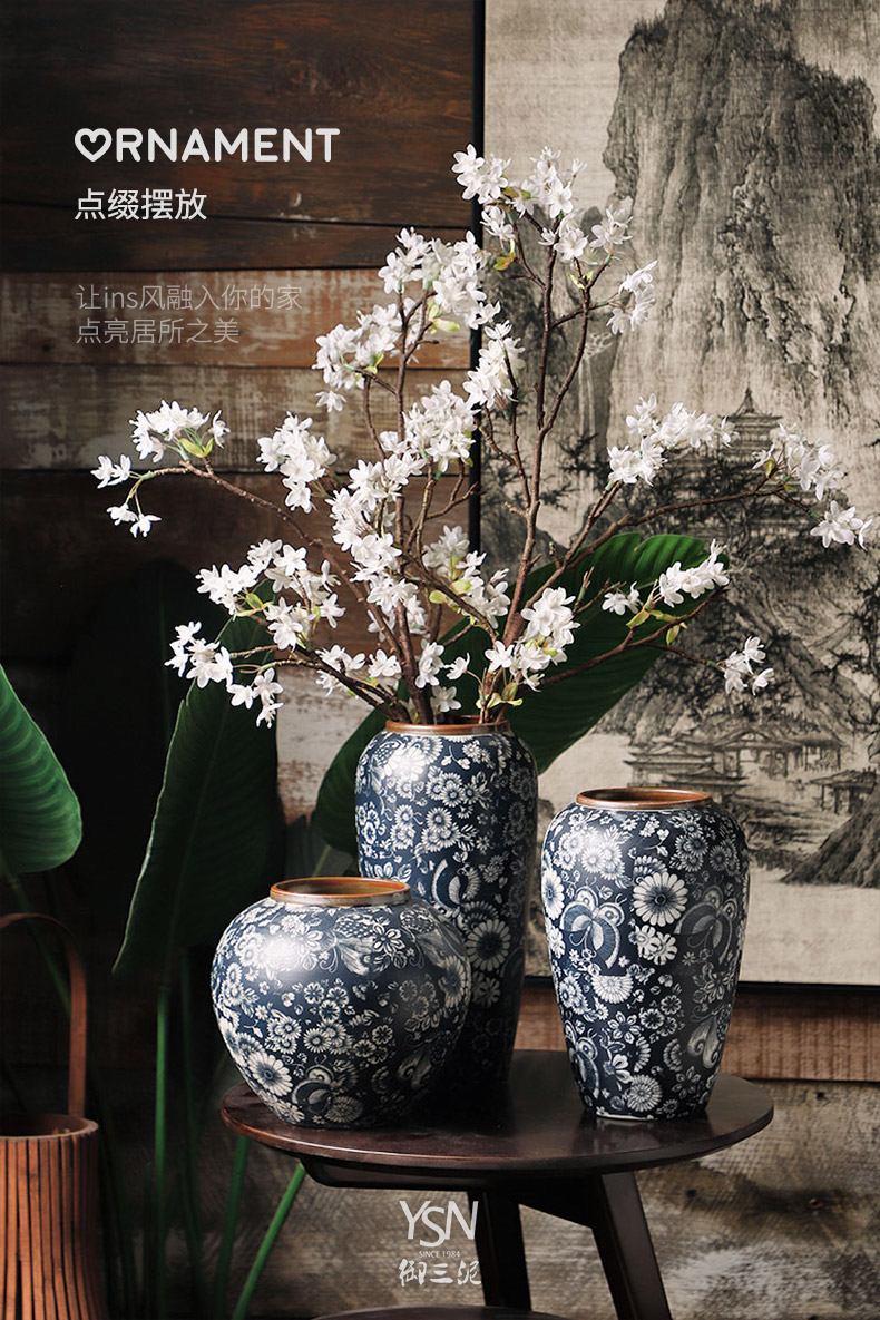 Royal three new Chinese style restoring ancient ways mud mesa blue and white porcelain vase simulation flowers, dried flowers, flower arrangement sitting room adornment furnishing articles