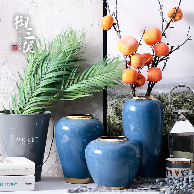Living room flower set with dry flowers simple modern home decoration European ceramic vase fitting blue pottery cans