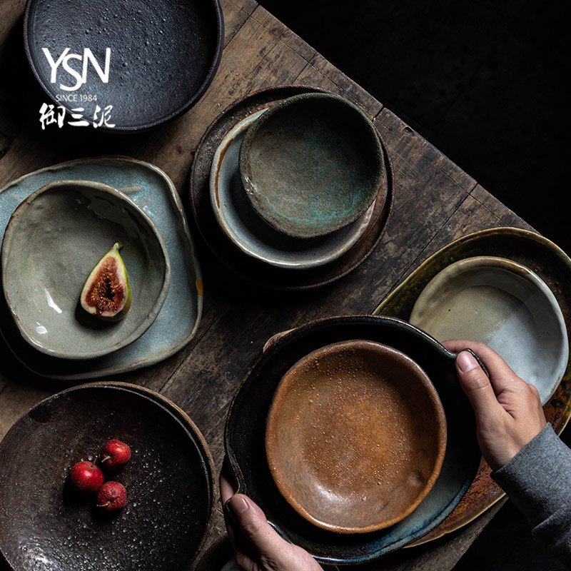 Orphan works, creative home ancient ceramic tableware by hand Japanese dishes retro coarse pottery and porcelain dish dish plate