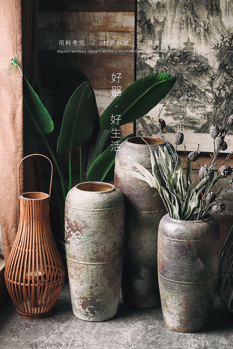 Royal three coarse pottery mud retro zen ceramic floor furnishing articles pottery vases, flower arranging dried flowers to decorate the sitting room, study