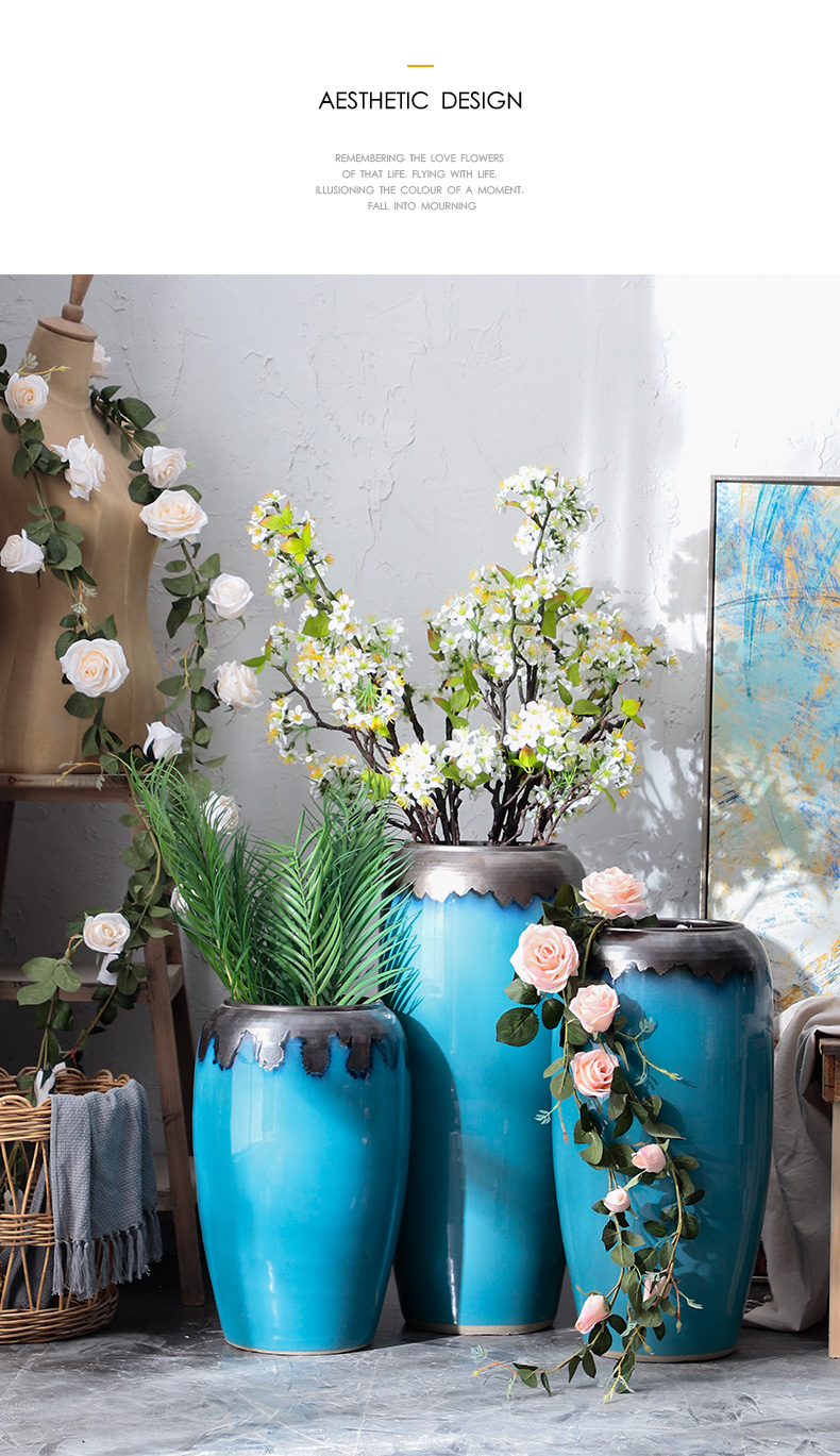 Dried flowers home decorations porch light key-2 luxury European - style decoration ceramics of large vase blue glaze furnishing articles flower arranging living room