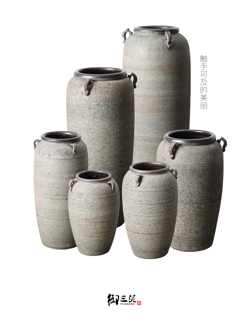 Retro thick clay ground are dried flowers sitting room vase decoration furnishing articles Chinese modern pottery large - diameter zen flowerpot