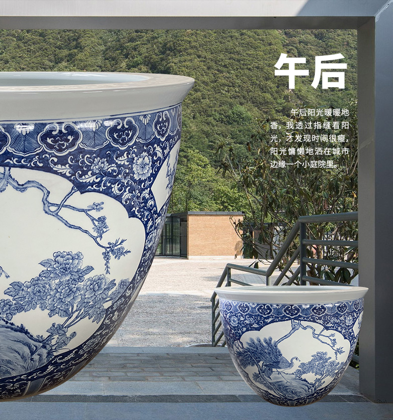 Jingdezhen to heavy cylinder large Chinese ceramic cornucopia sitting room aquarium raise the lotus pond lily cylinder blue and white pattern