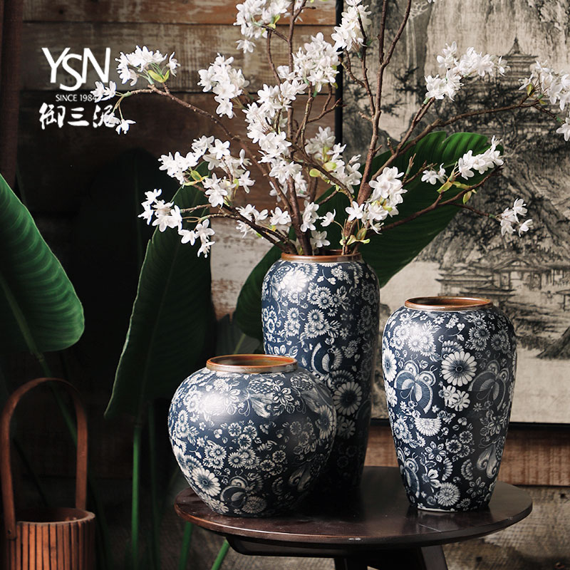 Royal three new Chinese style restoring ancient ways mud mesa blue and white porcelain vase simulation flowers, dried flowers, flower arrangement sitting room adornment furnishing articles