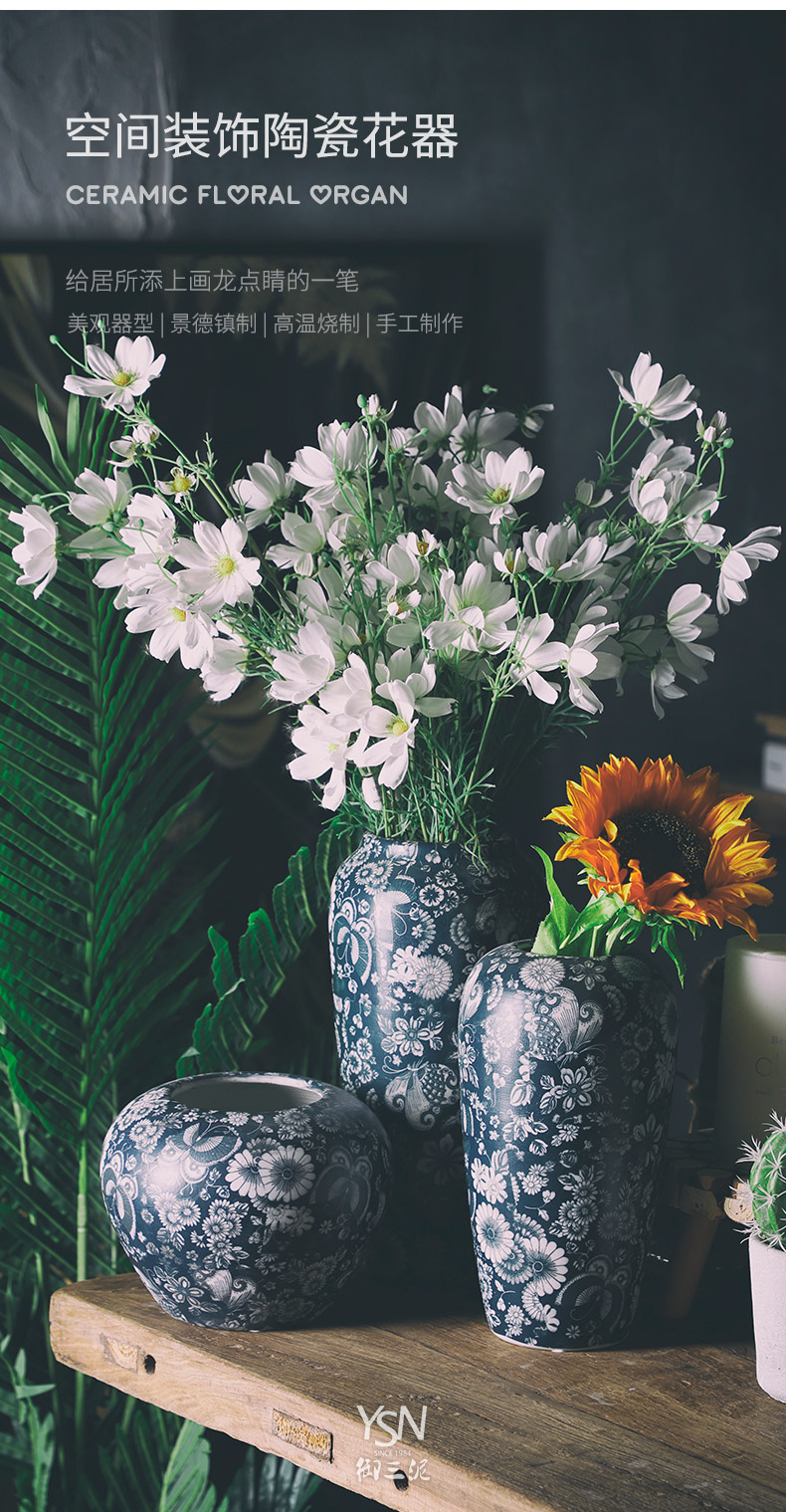 Royal blue and white vase three mud mesa of jingdezhen ceramic flower arranging furnishing articles of American new Chinese zen sitting room adornment