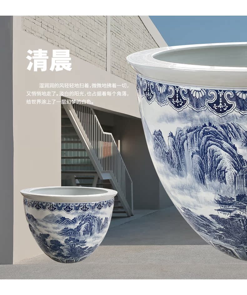 Heavy jingdezhen ceramic cylinder large aquarium lotus pond lily Chinese blue and white landscape ceramic cylinder cornucopia sitting room