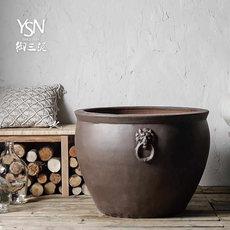 Royal three high temperature coarse clay pottery ancient mud tank hotel courtyard outside the yard water lily ceramic cylinder aquarium tank