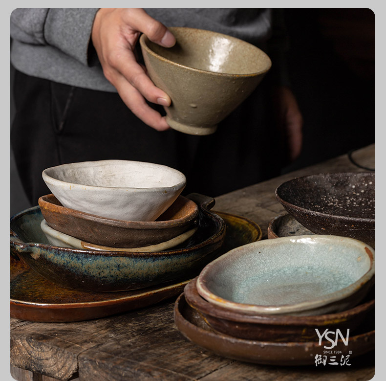 Orphan works, creative home ancient ceramic tableware by hand Japanese dishes retro coarse pottery and porcelain dish dish plate