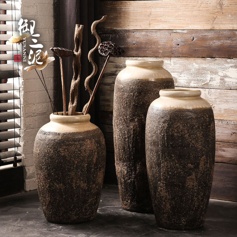 Jingdezhen ceramic retro floor vase handmade rough earthenware pot dry flower flower living room large flower pot flower arrangement