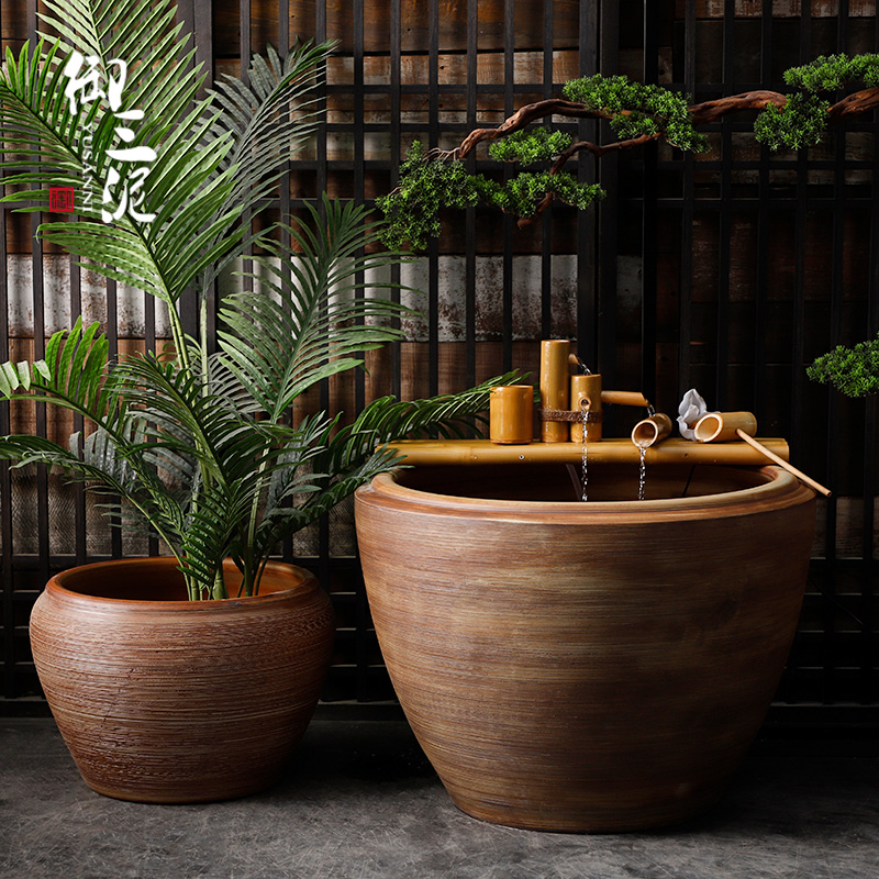 Ceramic rough pottery handmade large round altar extra large water tank brown wood grain texture line fish tank floor ornaments courtyard garden