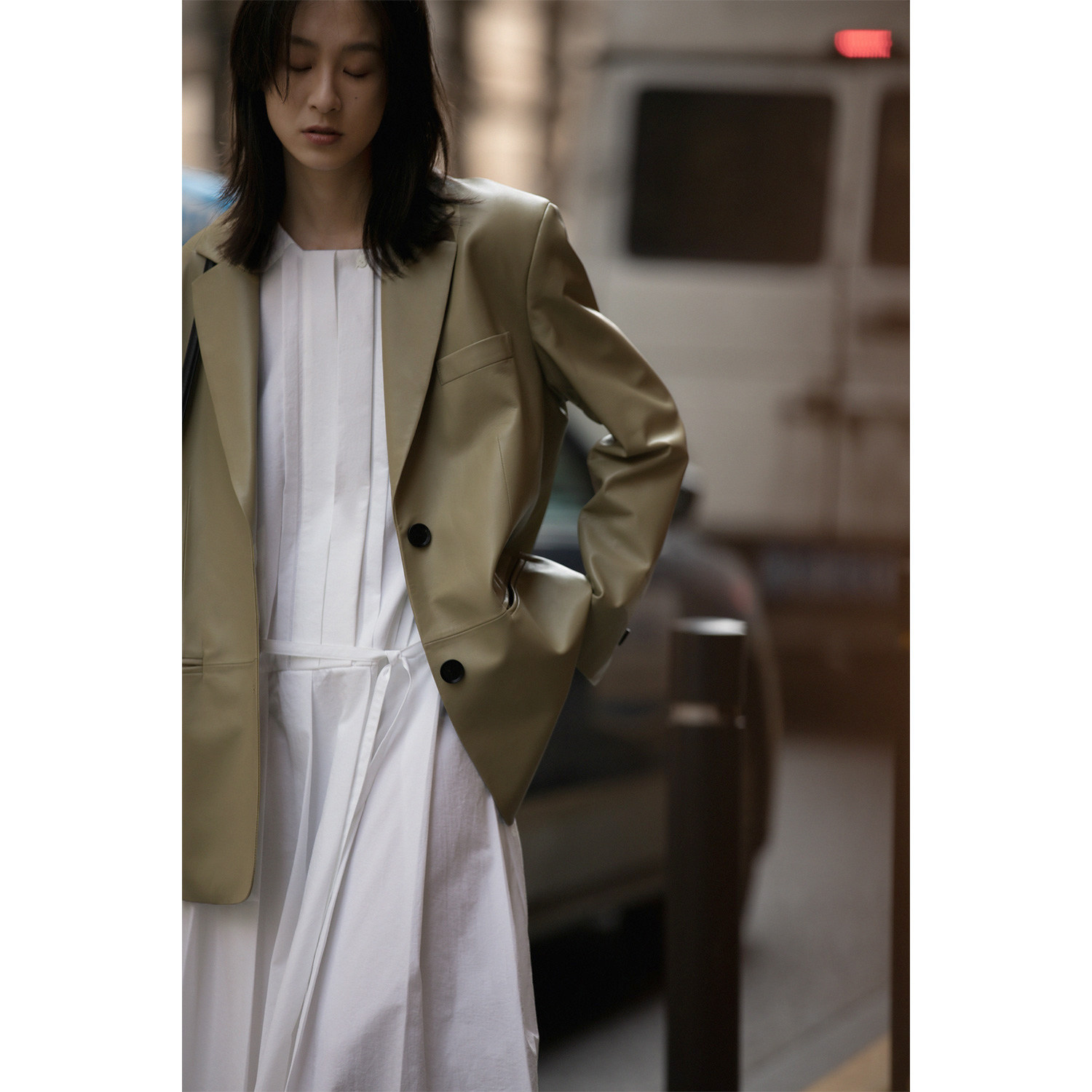 Ruishi Ruishi Radi Texture Little Sheep Leather Wide Shoulder Casual Suite Costume Woman Spring Autumn