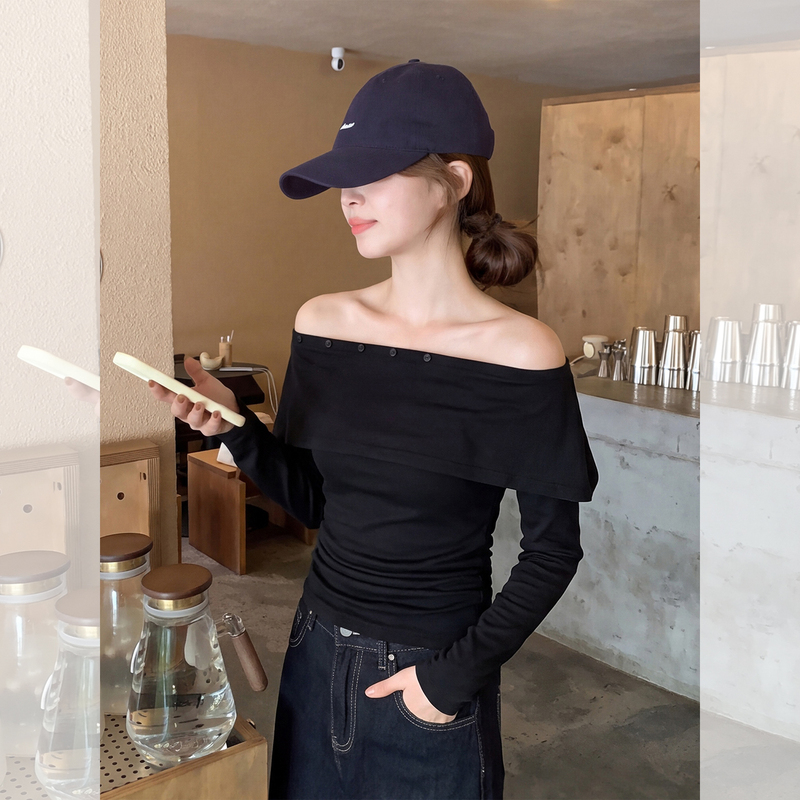Black Off-Shoulder Long-Sleeve Knit Sweater for Petite Women, Autumn Thin Slim-Fit Two-Piece Top Black Off-Shoulder Long-Sleeve Knit Sweater for Petite Women, Autumn Thin Slim-Fit Two-Piece Top