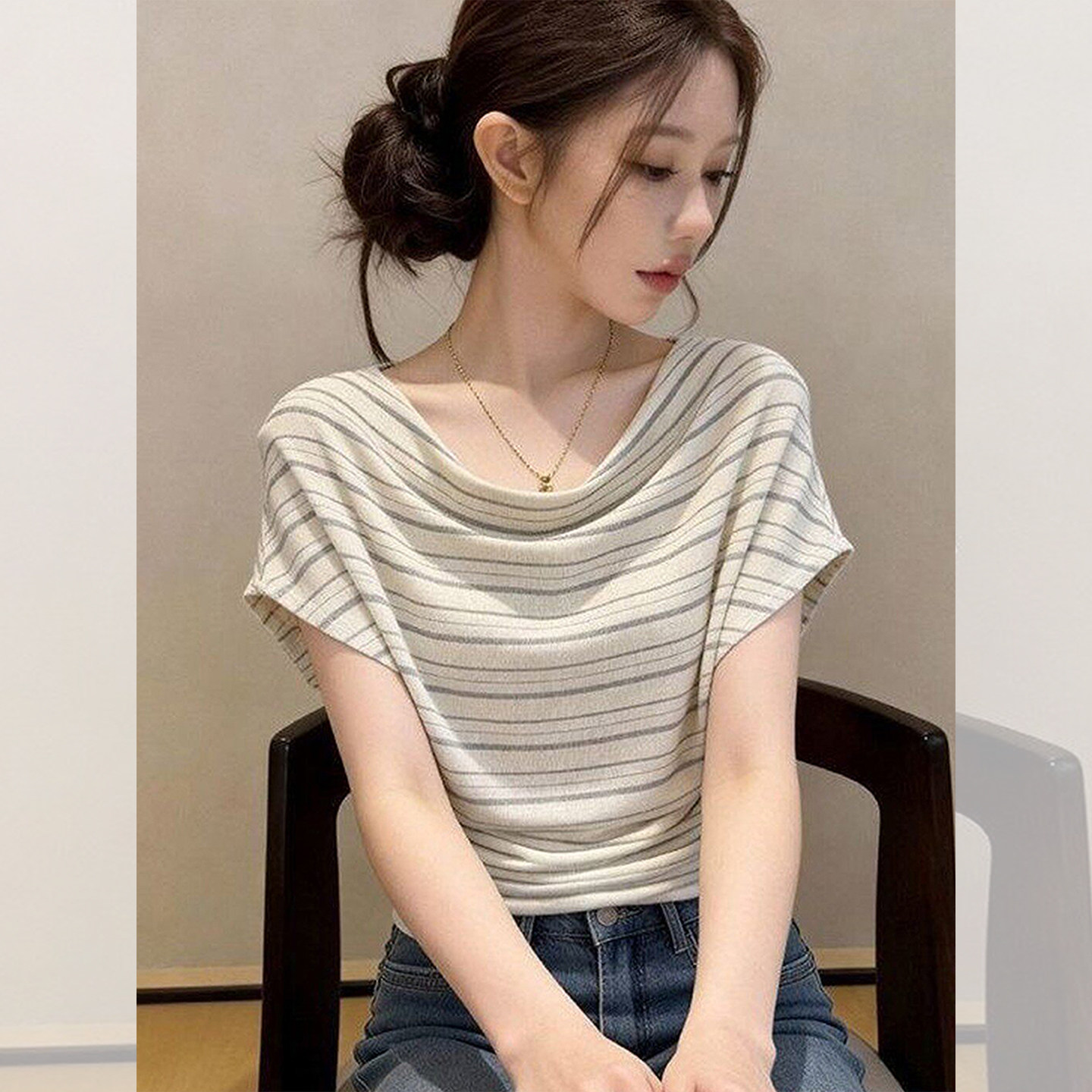 设计感荡领条纹短袖t恤女夏时尚洋气减龄百搭体恤韩系漂亮小上衣