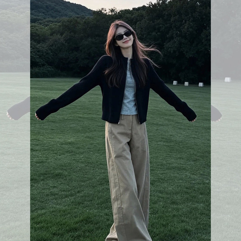 Gorgeous Black Zip-Up Long-Sleeve Knit Cardigan for Women, Perfect for Early Autumn, with a Chic and High-End Feel, Slim-Fit Short Top