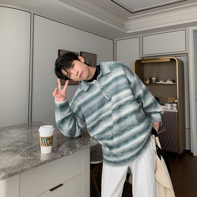 Hualun Japanese Lazy and Loose Strip Sweater Man Fall Winter 2021 Detonation in Tide knitting shirt