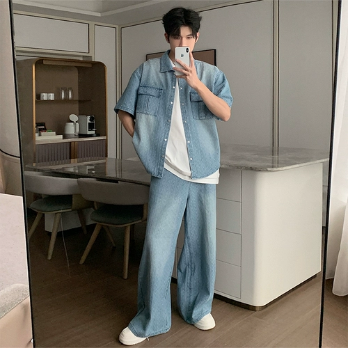 Летняя тонкая синяя рубашка, комплект, изысканный стиль