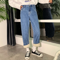 Hualun homemade autumn and winter pants All-in-one basic teen jeans men loose straight Korean version of the tide nine-point pants