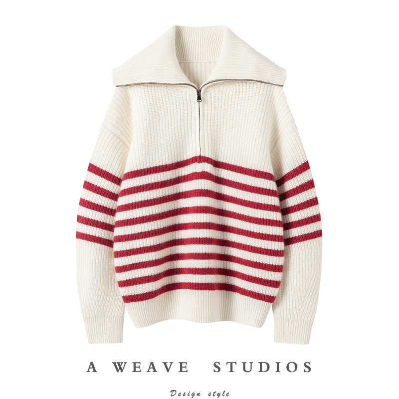 Paris Sea Soul Stripe~Navy Collar/Turtleneck Pullover Pure Cashmere Sweater for Women Autumn/Winter Striped Knitted Cashmere Sweater