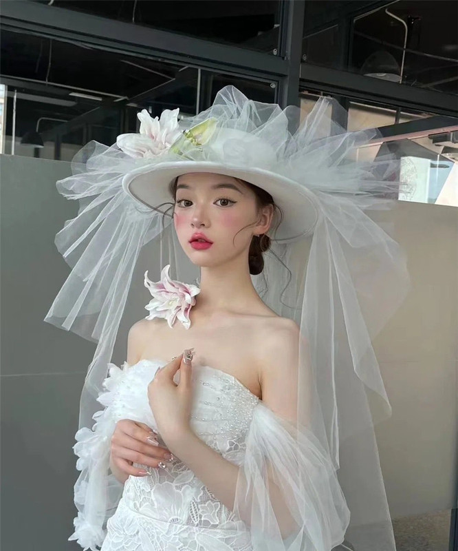 Bride's New Handmade Gauze Cloud Thin Veil Hat Headpiece Forest Style Wedding Photo Shoot Accessories Props