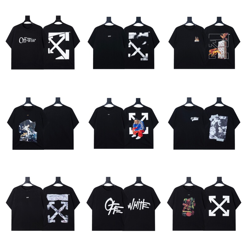 Summer Trendy Brand Off Arrow Print Short-Sleeved Tops for Men and Women, Couple Tops, Ow Loose White Round Neck Half-Sleeved T-Shirt