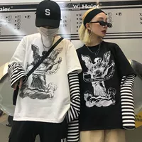 Ins siêu áo sơ mi Harajuku bf gió đường phố retro giả mạo in retro sọc tay áo giả hai mảnh áo len thủy triều quần áo nữ mùa hè đẹp