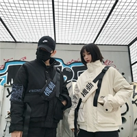 Áo khoác nữ mùa thu và mùa đông Hàn Quốc in Harajuku bf gió đường thêu retro xe máy lỏng lẻo ba lô áo bông thủy triều mẫu áo phao đẹp 2020
