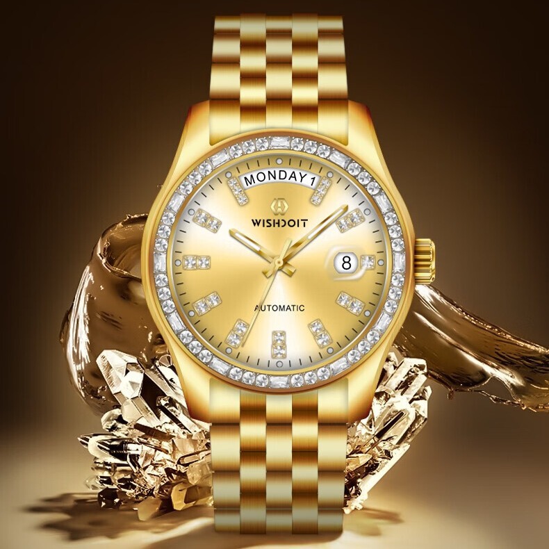 2026 New Gold Watch for Men, Fully Automatic Mechanical Watch, Dad's Watch, Men's High-End Waterproof Luminous Watch