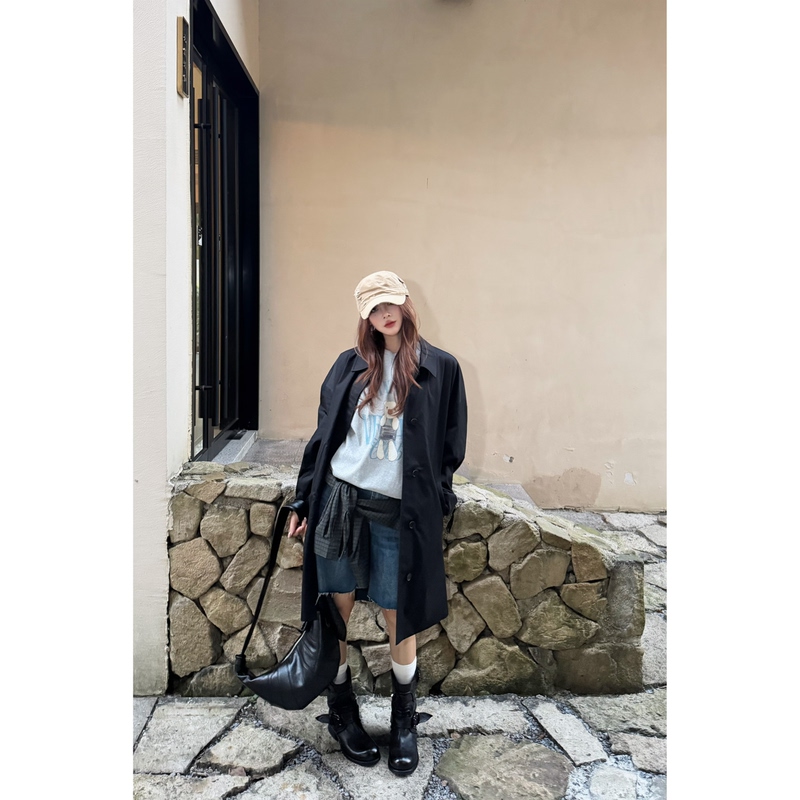 8.14/ "Black Aura" Sewing Machine-Made 100% Cotton Japanese-Style Loose-Fitting Simple Mid-Length Autumn Trench Coat