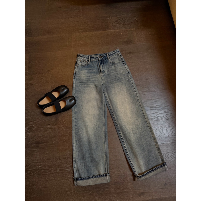 8.13/ "Nostalgic Heritage Pants" T-Stage Designer Brand Washed Denim Retro Vintage Straight-Leg Cuffed Jeans 8.13/ "Nostalgic Heritage Pants" T-Stage Designer Brand Washed Denim Retro Vintage Straight-Leg Cuffed Jeans