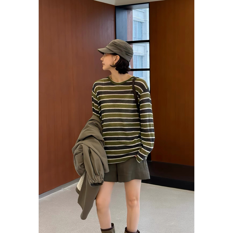 9.3/“Pepper” 26 Autumn Retro Color-Blocking Loose Striped Top Round Neck Loose Casual Long-Sleeved T-Shirt