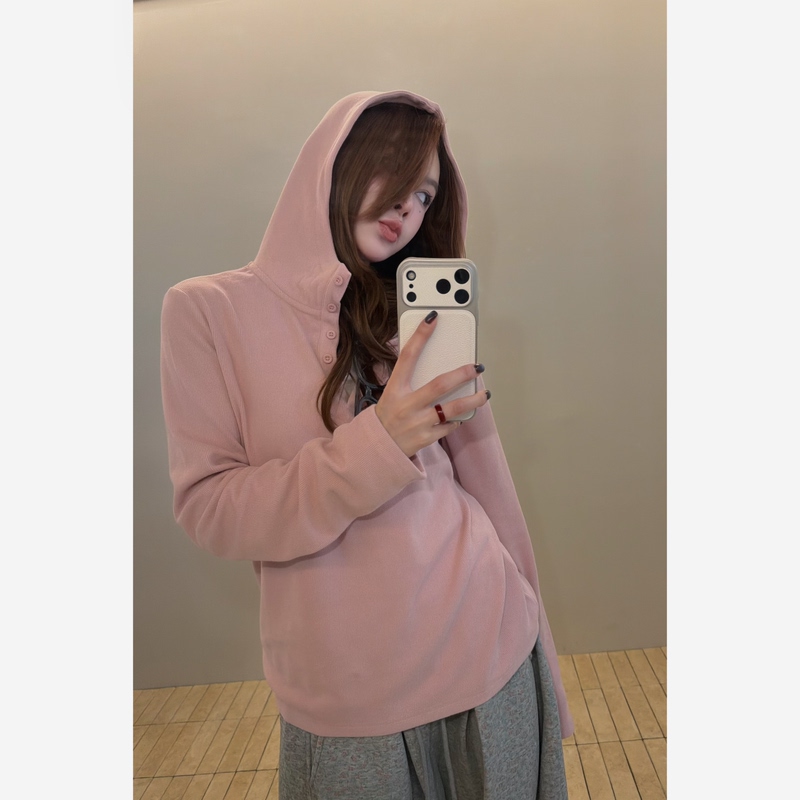 10.21/ "Half-Buttoned Layered Combat Jacket Style Autumn and Winter Fabric ~ Warm Buttoned Stacked Collar Hooded Sweatshirt