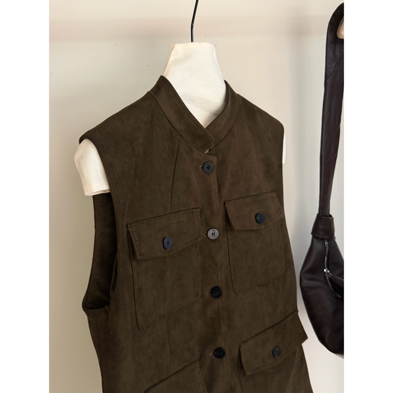 8.27/ "Old Money Zhongshan Collar" Bl Brand Retro Coffee Green Suede Sleeveless High-End Elegant Waistcoat 8.27/ "Old Money Zhongshan Collar" Bl Brand Retro Coffee Green Suede Sleeveless High-End Elegant Waistcoat