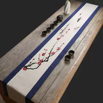 Hand-painted plum table flag cotton linen fabric Chinese Zen retro tea mat long strip tea table cloth custom tea table cloth