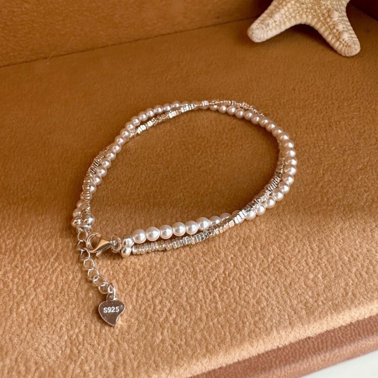 S925 Silver Double-Layered Shell Pearl Bracelet with Strong Luster, Silver Fragments Wrapped Around the Bracelet, Silver Jewelry, Light Luxury Style, Niche Design