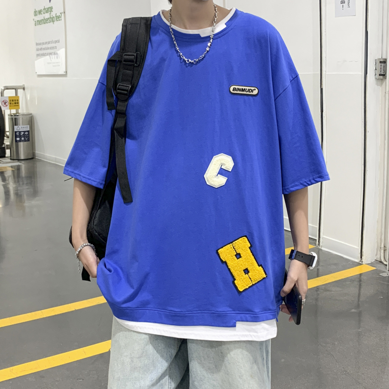 Fake two blouses Summer Harbor Wind towels embroidered short sleeves T-shirts Men's fashion Fashion Lovers Halfsleeve Casual T-shirt