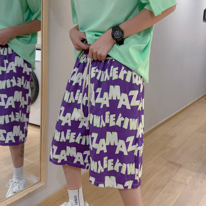 Casual Hip Hop Shorts Male summer loose beach 5 Pants Full Print Casual Shorts Boom and Bursting Sports Pants