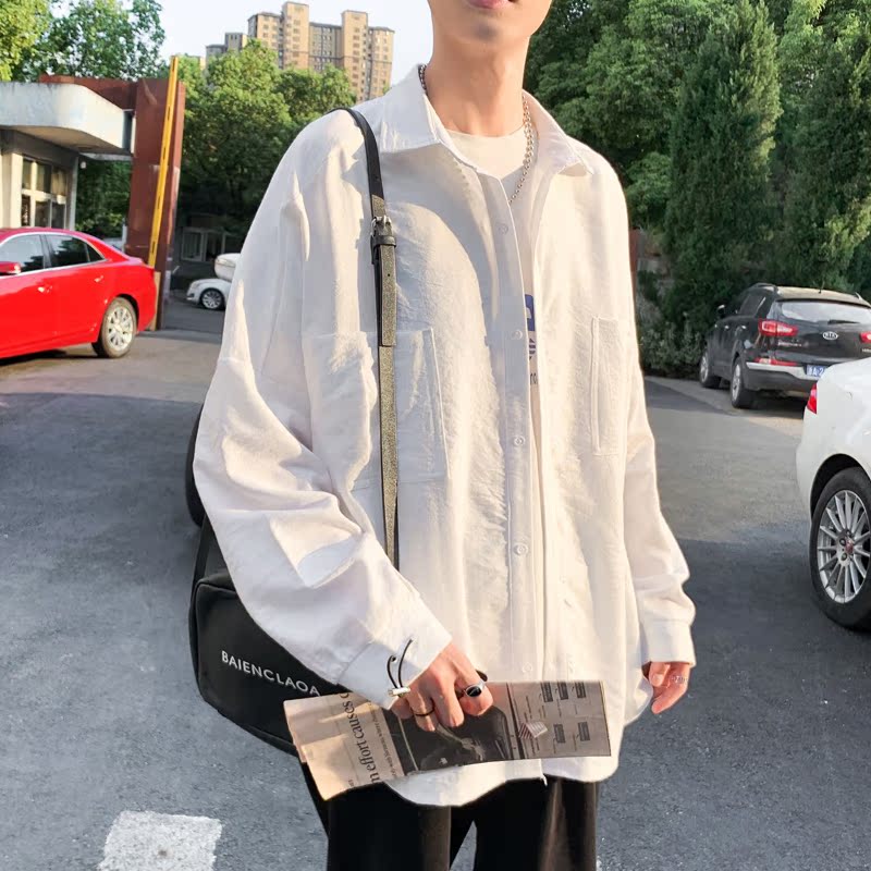 2020 spring and autumn wild tide brand tooling shirt mens Korean version of the loose trend solid color ins handsome long-sleeved shirt